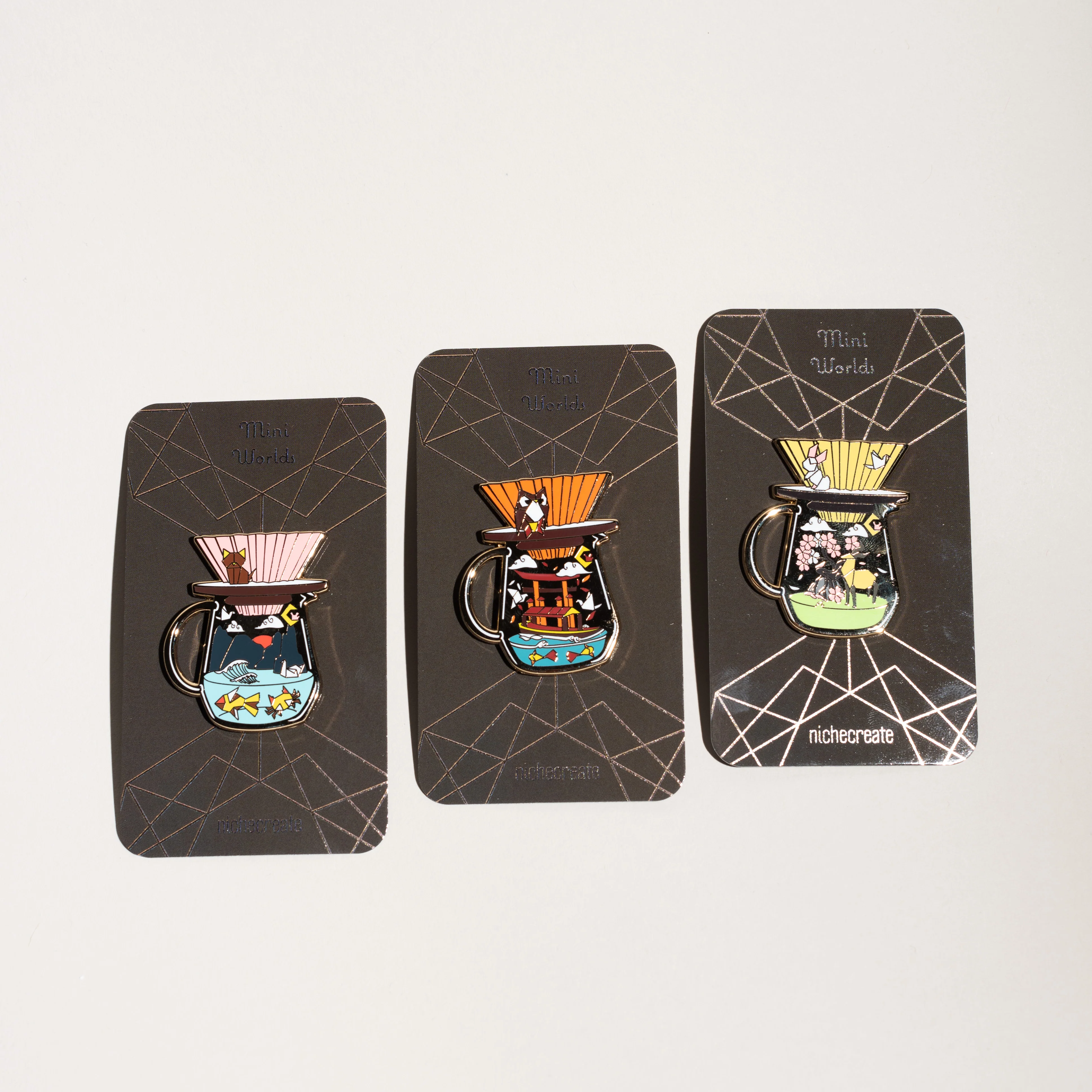 Niche Create - Pour Over Origami Gold Enamel Pins - All 3!